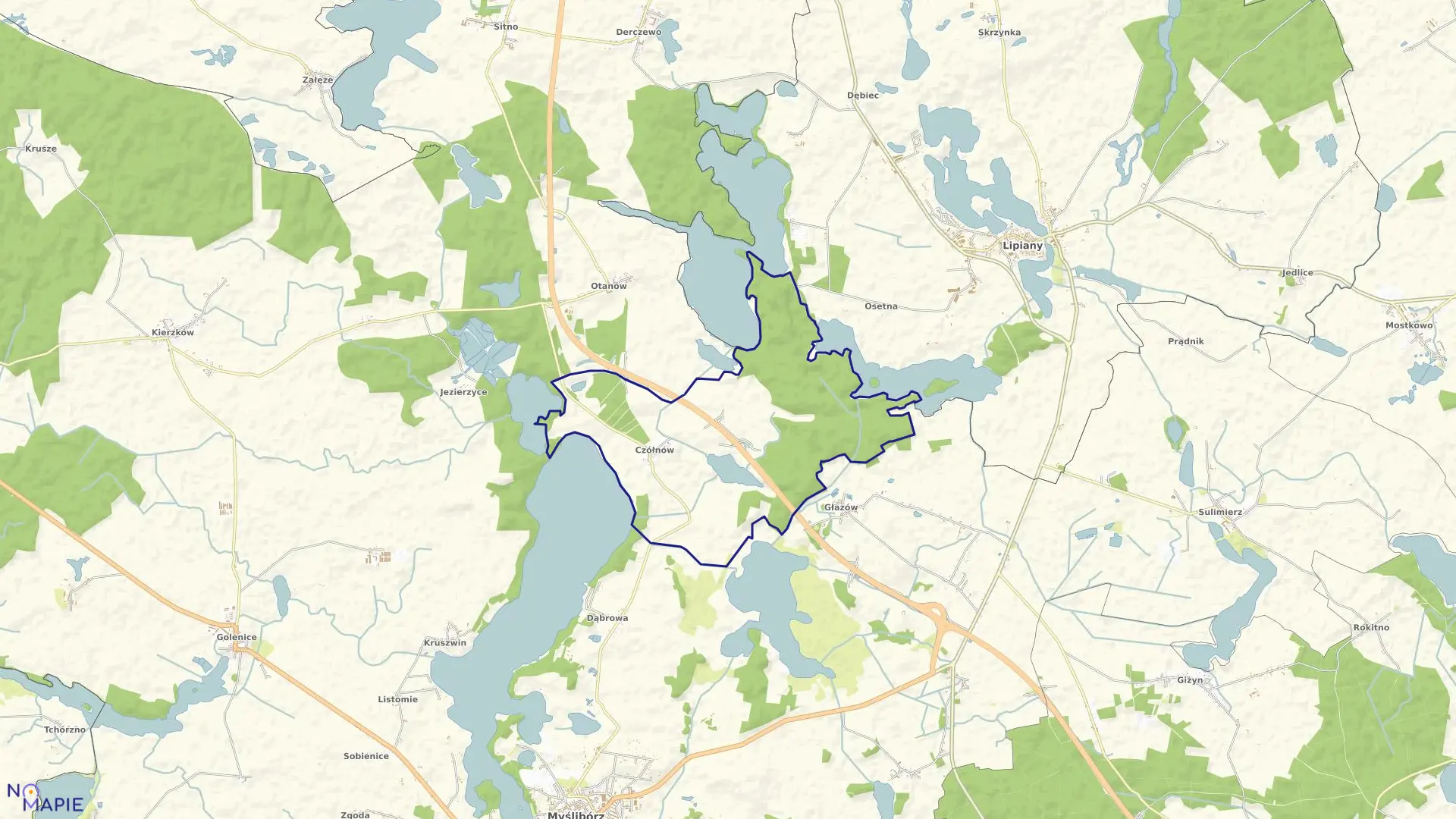 Mapa obrębu Czółnów w gminie Myślibórz